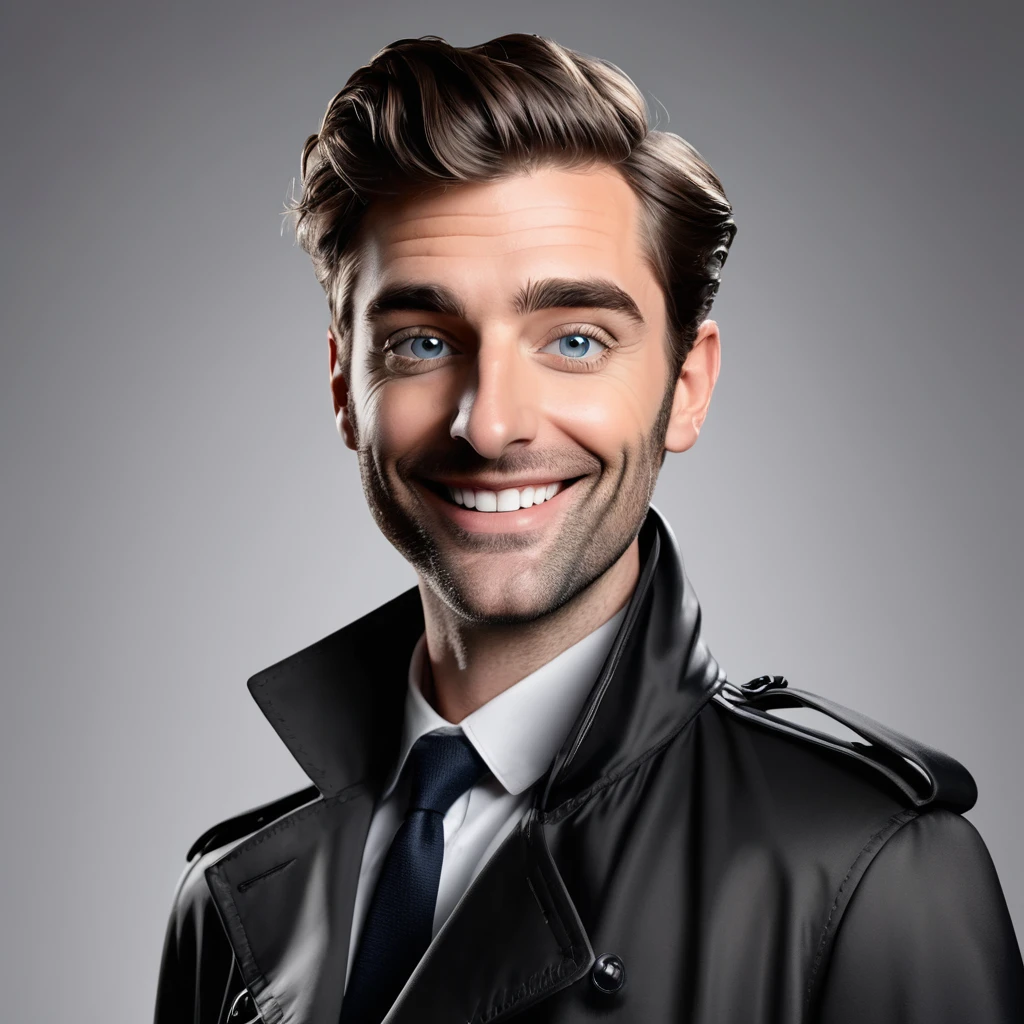 Une caricature réaliste en 3D de style dessin animé représentant un homme au visage ovale, une mâchoire carrée, épais sourcils noirs, yeux verts, un nez petit et légèrement pointu, et des lèvres fines avec une bouche légèrement ouverte. Il porte une veste trench noire. L'homme est debout, les mains derrière le dos, avec une expression neutre et un léger sourire. l'arrière-plan est flou, indiquant un réglage de nuit avec des lumières bokeh. faire un corps plein