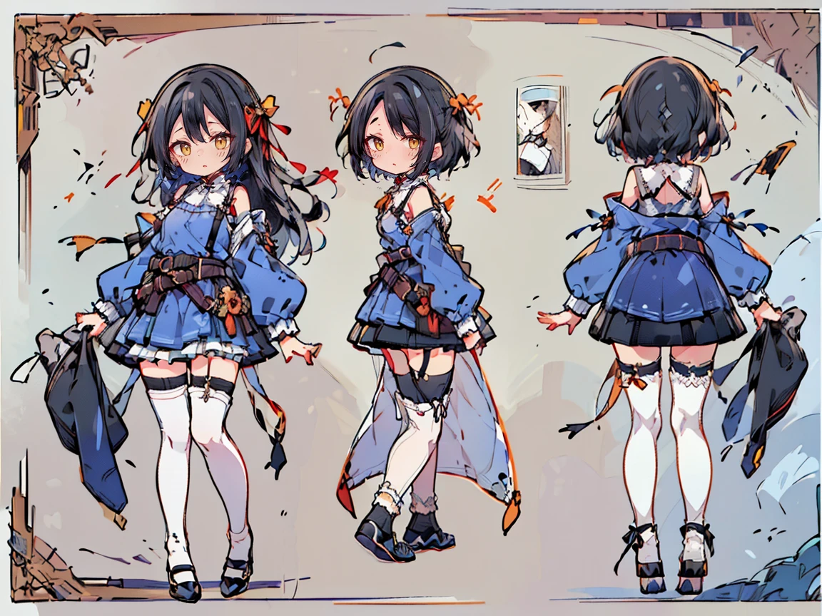 (((three-sided view, front view, side view, back view, multiple views, multiple poses and expressions, many parts)), concept art, character concept art, character sheet, Full body, illustration, (simple background, gray background), 1 character, 1girl, fantasy art:1.1), (hui xiyi:0.7), rekkyo sensen, rekkyou sensen, girls with((black hair, bangs, (one side up, long wavy hair, ribbon:1.55), perfect hands, perfect fingers, (exposed breasts, tits cleavage, breasts close up:1.2), dress((suspenders, dress, belt, nun:1.15), (blue clothes, frills shirt, white knit sweater, long sleeves, frills dress, frills skirt, wind blowing dress, long sleeves, (white legwear:1.55), thighhighs, single thighhighs, single legwear, black footwear, pumps, strap shoes:1.42))