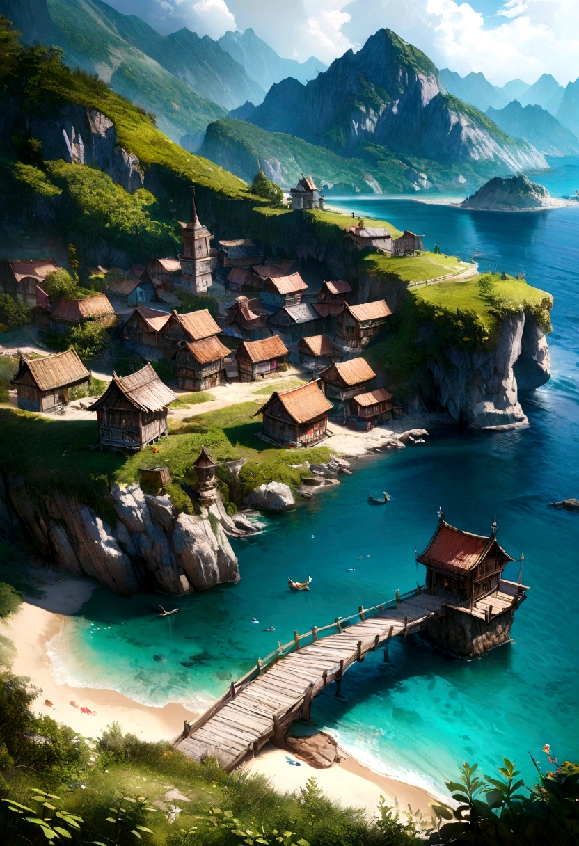 Very small village, high-fantasy, hyper realistic, hyper detailed, very aesthetic, near sea
