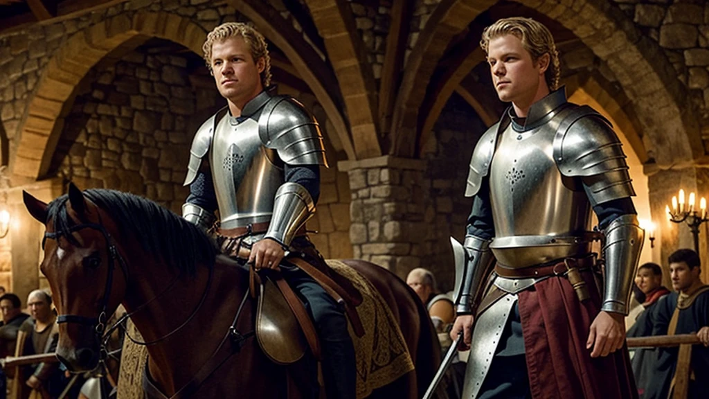 Christopher Egan as a handsome medieval knight, 23 years old, in armor without a helmet. He holds a spear in his hand, sits on a horse. He is participating in a tournament, in the stands spectators in medieval clothes admire him