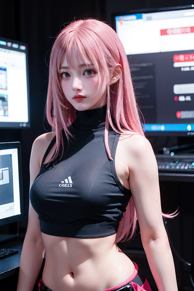 Highest quality, Ultra-high resolution, Realistic, Browsing Caution, Cyberpunk sexy pink hair girl、Take photos in a studio environment with a gray background, View your viewers, Upper Body, thin, Visible Cracks, Crop top,Big Breasts,Small and beautiful nipples