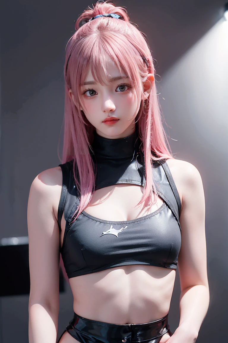 Highest quality, Ultra-high resolution, Realistic, Browsing Caution, Cyberpunk sexy pink hair girl、Take photos in a studio environment with a gray background, View your viewers, Upper Body, thin, Visible Cracks, Crop top,Big Breasts,Small and beautiful nipples