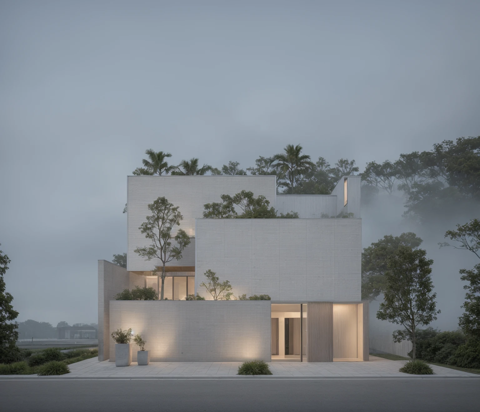 RAW photo, Exterior of two story white modern house, road, ((sidewalk)), ((sidewalk trees)), residences area, dawn time, overcast, fog, tropical trees and plants, (high detailed:1.2), 8k uhd, dslr, soft lighting, high quality, film grain, Fujifilm XT3, (sharpen:1.5)