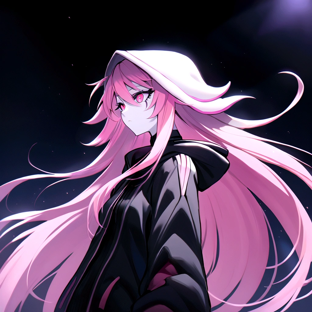 make me a female, 20 years old, white skin, white very long hair, she's grinning evily, bright pink cat eyes, cyber clothes, black outfit, coat and hood, pink powers around her