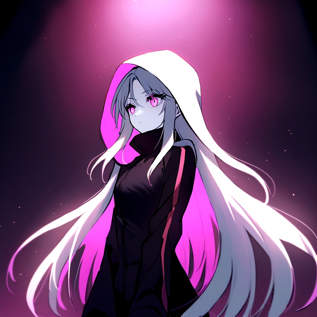 make me a female, 20 years old, white skin, white very long hair, she's grinning evily, bright pink cat eyes, cyber clothes, black outfit, coat and hood, pink powers around her