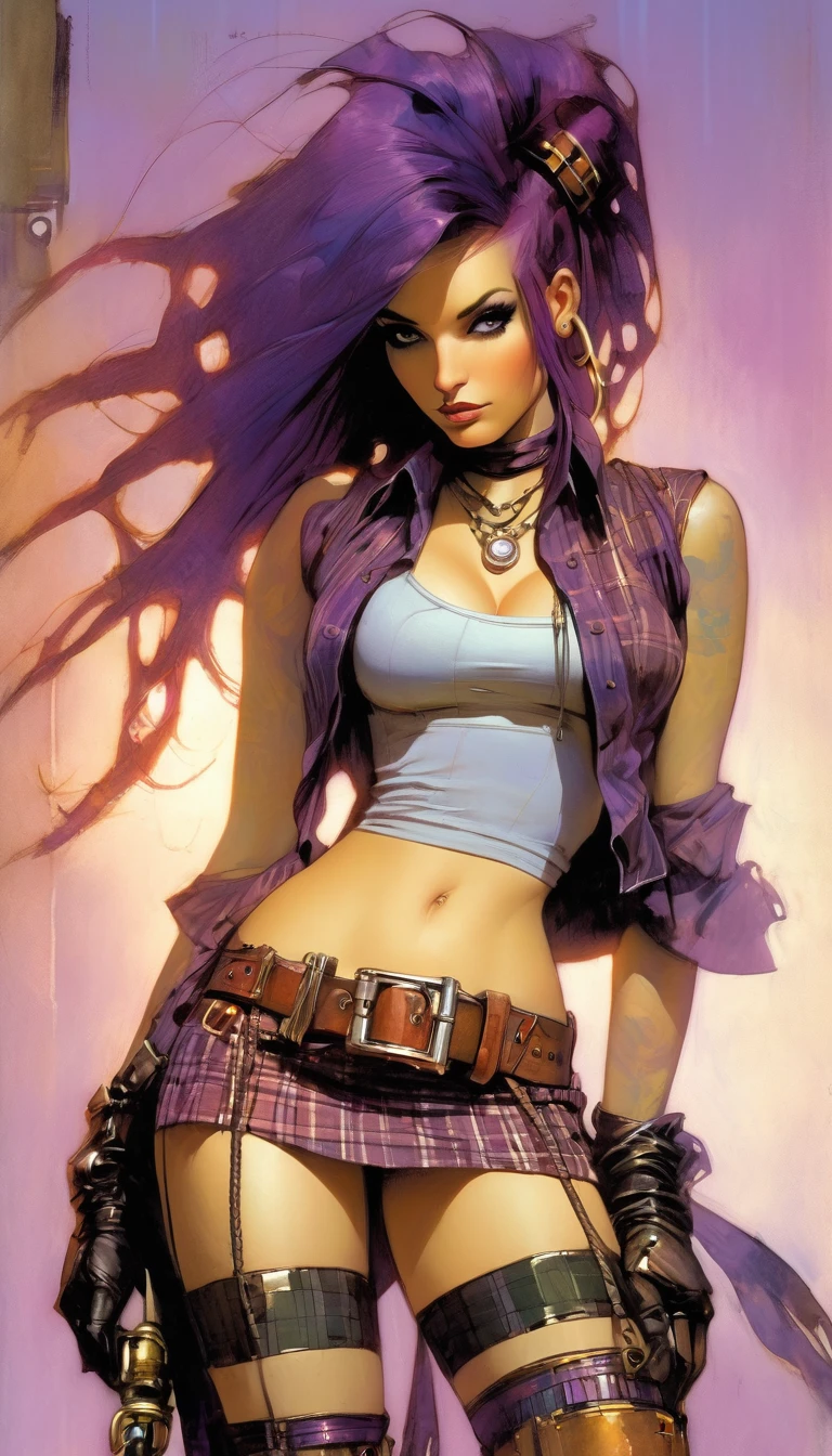 steampunk world. 1.5, y girl, long purple hair, plaid miniskirt, belt rope, small breight tank top, art inspired by Bill Sienkiewicz
