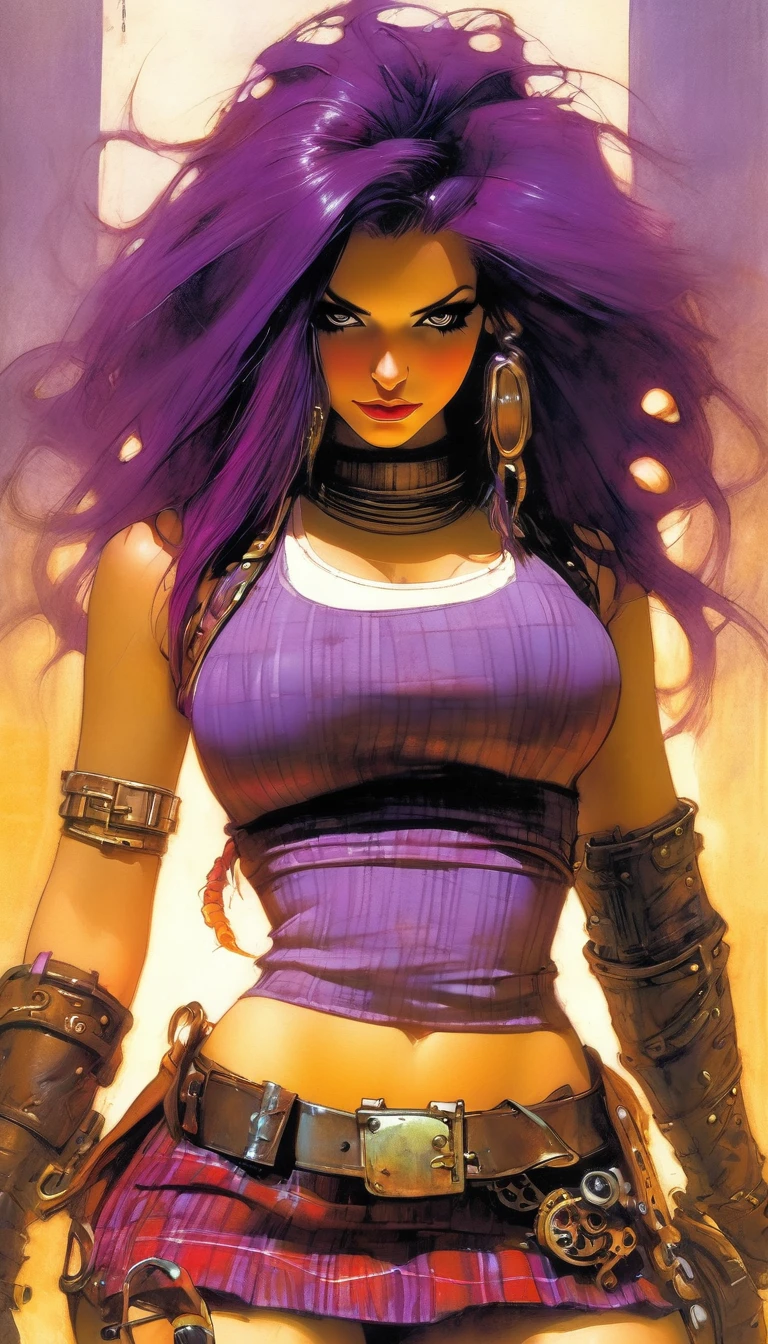 steampunk world. 1.5, Sexy girl, long purple hair, plaid miniskirt, belt rope, small breasts, tight tank top, art inspired by Bill Sienkiewicz
