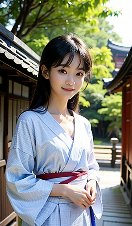 (Best Quality), (Masterpiece) RAW photo, realistic, realistic, ultra detailed, finely detailed, high resolution, 8K wallpaper, anatomically correct body, symmetrical eyes, healthy photo ,(Korean woman:1.4) , , 13 years old,, smiling, (black hair: 1.3), (straight long hair: 1.4), (skinny: 1.3), (small chest: 1.4),(Small chest: 1.4), (Small chest: 1.4), (Small chest: 1.4), (Small chest: 1.4), , slim body, (Japanese patterned yukata: 1.3), summer sunshine, Japanese shrine in the daytime,, clear sky, bathed in sunlight