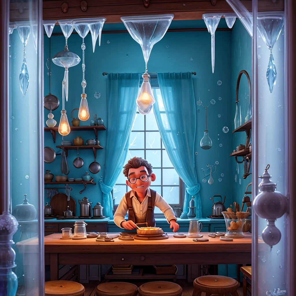 In a frozen vintage kitchen with crystallized icicles hanging from the windows, a mad scientist works with a culinary lathe decorating his horrific food with buttercream wild flowers, whimsical.