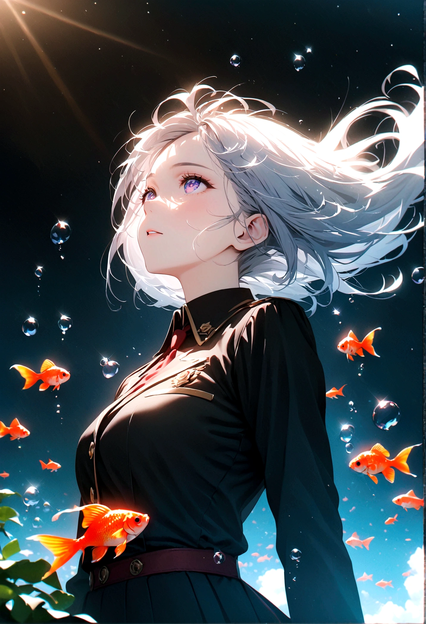 (female\(student, age of 15, JK, short silver floating hair, cosmic colored eyes, black color uniform of school, pale skin, tired face with no shine in the eyes\) is looking up at the sky), (so many goldfish are swimming in the air), beautiful sky, beautiful clouds, summery colorful flowers are blooming here and there, (crystal clear bubbles are shining prism here and there in the sky), there is the noonday moon and noonday stars in the sky, BREAK ,quality\(8k,wallpaper of extremely detailed CG unit, masterpiece,hight resolution,top-quality,top-quality real texture skin,hyper realisitic,increase the resolution,RAW photos,best qualtiy,highly detailed,the wallpaper,cinematic lighting,ray trace,golden ratio\),long shot