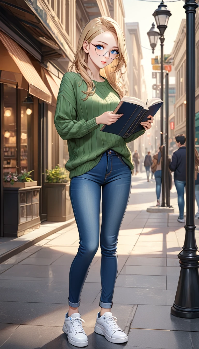 ((best quality, masterpiece:1.3, 8K)), (detailed), highly detailed face and skin texture, detailed eyes, downtown, full body, seductive pose, standing, slender body, 1girl, 25 years old, white skin, blue eyes, bright lips, seductive smile, blond hair, sleek hair, long hair, (forehead:1.0), blue eyes, reading glasses, green sweater, jeans pants, skinny jeans, blue jeans, white sneakers,