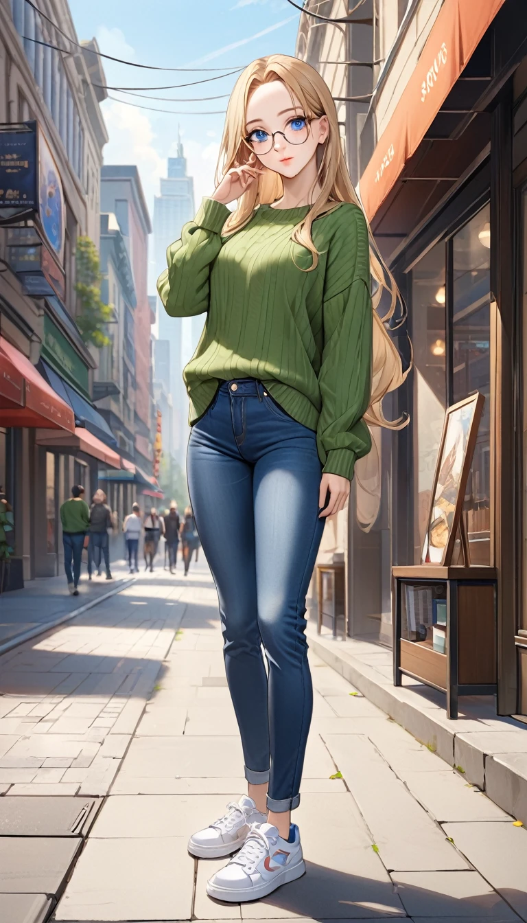 ((best quality, masterpiece:1.3, 8K)), (detailed), highly detailed face and skin texture, detailed eyes, downtown, full body, seductive pose, standing, slender body, 1girl, 25 years old, white skin, blue eyes, bright lips, seductive smile, blond hair, sleek hair, long hair, (forehead:1.0), blue eyes, reading glasses, green sweater, jeans pants, skinny jeans, blue jeans, white sneakers,