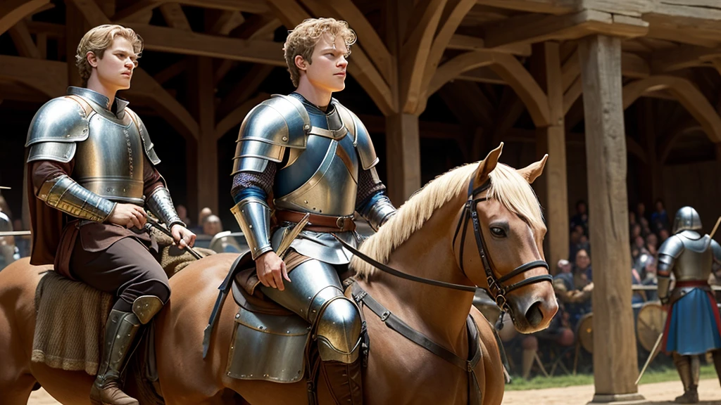 Christopher Egan as a handsome medieval knight, 23 years old, in armor without a helmet. He holds a spear in his hand, sits on a horse. He is participating in a tournament, in the stands spectators in medieval clothes admire him