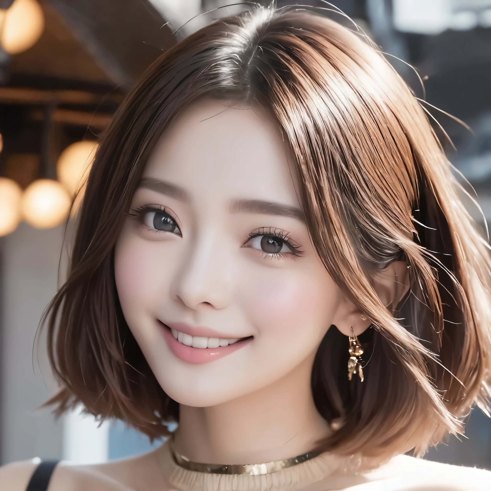 (masterpiece, Highest quality:1.2), One girl, alone　21 years old　Short Bob　Fair skin　cute　Large Breasts　Duck mouth　lip　Natural Color　smile