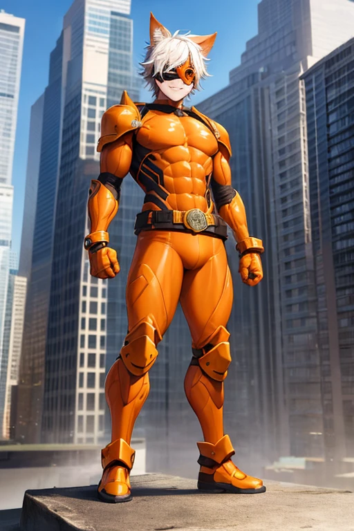 ((best quality)), ((masterpiece)), (detailed), 1 man, full body, 54 years old, senior citizen, masked, eye mask, orange mask that covers half of his face, spiked mask, evil smile, orange headphones with goblin ears, glasses, somewhat long white hair coming out of the top, face, brown neck, tall, very thin, hunched over, long claws, spikes on his forearms, brown details, brown fingerless gloves, orange wristbands, orange nanotech suit that resembles light armor, orange chest with an emblem, shoulder pads, orange suit with brown stripes, triangle emblem on his chest, orange emblem, orange pants, orange knee pads, metallic orange boots, metallic orange shoes, brown superhero belt, standing on a building, city background, anime