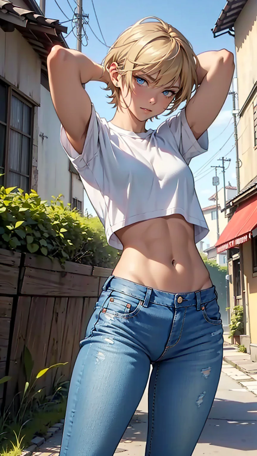 A girl with French features, ,A white T-shirt and clean brand new jeans、(Very short hair),(Dark blonde hair in a very short hairstyle), blue eyes, Thin and flexible muscles,Keep your bangs short too、(The shortest hairstyle)、 Arms behind head pose、Extremely skinny、Those thin arms that look like they might break、A waist so thin it seems it will break、(Humble waist)、(Hunchback)(Tomboy),Looking down、(Skinny supermodel body)、(Short torso)、Long legs、Standing with legs closed、(A look of dark despair)、(((Staring at my feet)))、