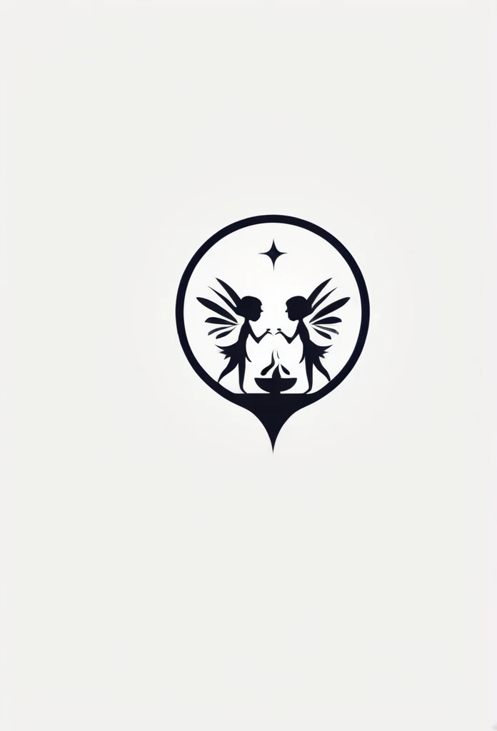 Deep in the mountains of Japan、A stylish dining bar logo featuring two little fairies. A cool design with depth and natural flair. Chic and modern design. Monotone background, pure white.
