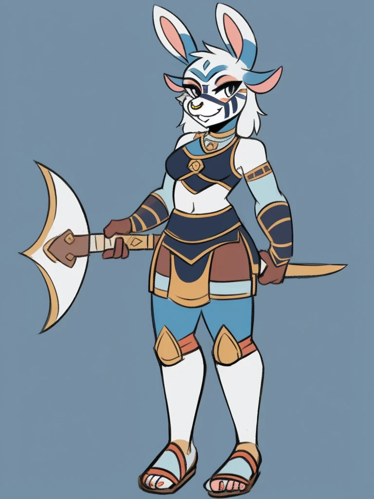 1girl, furry, furry_female, goat_ears, goat_girl, smile, solo, wearing armor, gladiator flat sandals, gladiator skirt, humanoid feet, holding sword, nose ring, septum piercing ring, facepaint, face paint