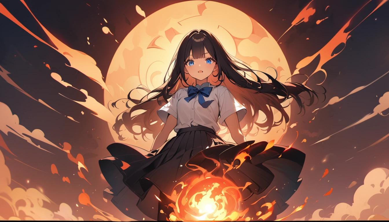 BREAK 1 girl, long hair, black hair, straight hair, short bangs above brows, blue eyes, expressionness, open mouth, looking at viewer,
BREAK (masterpiece), (high resolution 8K), cinematic lighting, professional lighting, detailed eyes and face, detailed body,
BREAK white shirt, blue bowtie, pleated skirt,
BREAK very wide, panorama view, sense of depth, shot from front,
BREAK flame, hand of fire, round flame background, burn eddy effect, eddy, huge halo, flam blast, dark flame, burn circle, clear and heavy, burn the sky, vortex of fire, fire magic, melt and mix, flame and burning, black fog, wind, fusion of flame and hair,