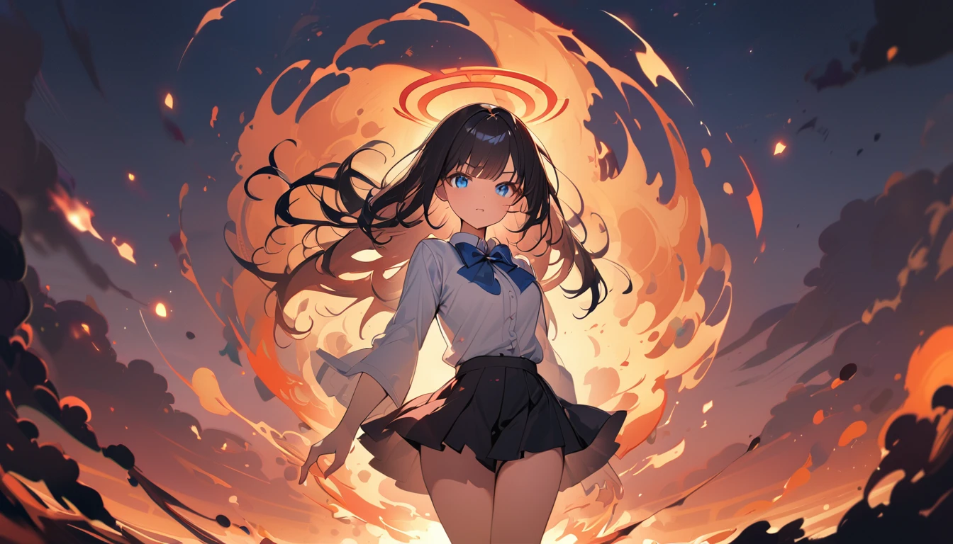 BREAK 1 girl, long hair, black hair, straight hair, short bangs above brows, blue eyes, expressionness, open mouth, looking at viewer,
BREAK (masterpiece), (high resolution 8K), cinematic lighting, professional lighting, detailed eyes and face, detailed body,
BREAK white shirt, blue bowtie, pleated skirt,
BREAK very wide, panorama view, sense of depth, shot from front,
BREAK flame, hand of fire, round flame background, burn eddy effect, eddy, huge halo, flam blast, dark flame, burn circle, clear and heavy, burn the sky, vortex of fire, fire magic, melt and mix, flame and burning, black fog, wind, fusion of flame and hair,