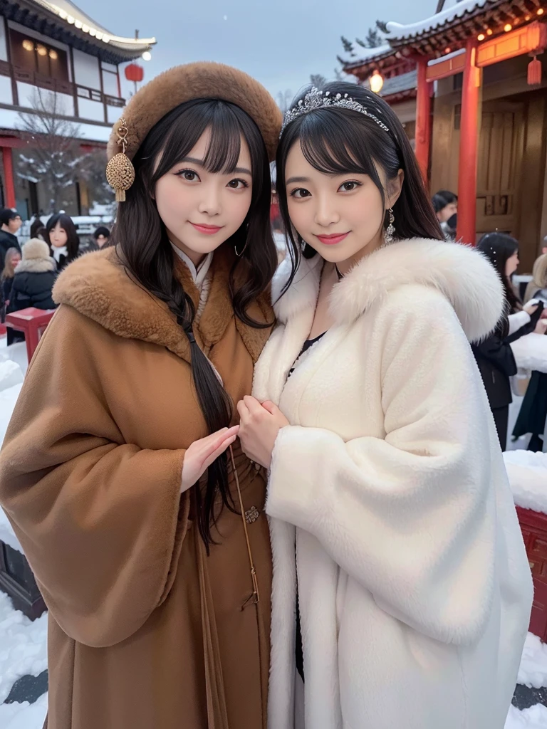 fluffyの毛皮。fluffy。((Chinese gorgeous and antique))(smile)(((Pair of women、snow、night)))。ancient China。Arms outstretched、Armpits。Photos of women wearing fur coats。Brown fur cape。Fisheye Lenultiple women。Black leather bondage