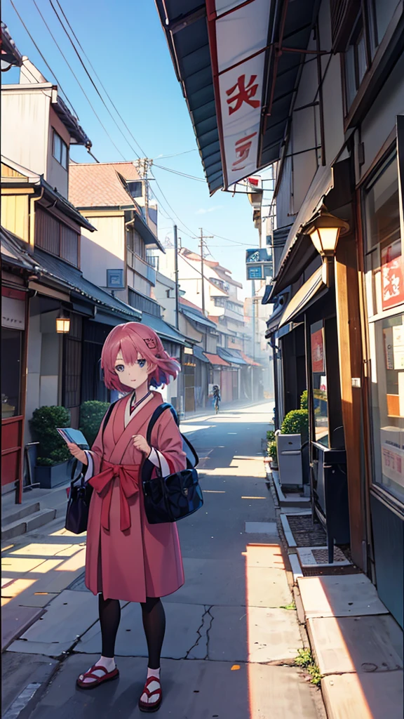 Cartoon character standing on the sidewalk in front of the building, Anime still filming shikishi anime, In the style of Kyoto animation, Kyoto Key Visual Animation, Kyoto anime animation pictures key, Today's featured anime is still there., Red themed anime movie style, A-1 Picture, Still from the TV anime, Kyoto Animation still exists, movie poster anime stills, Anime movies still exist