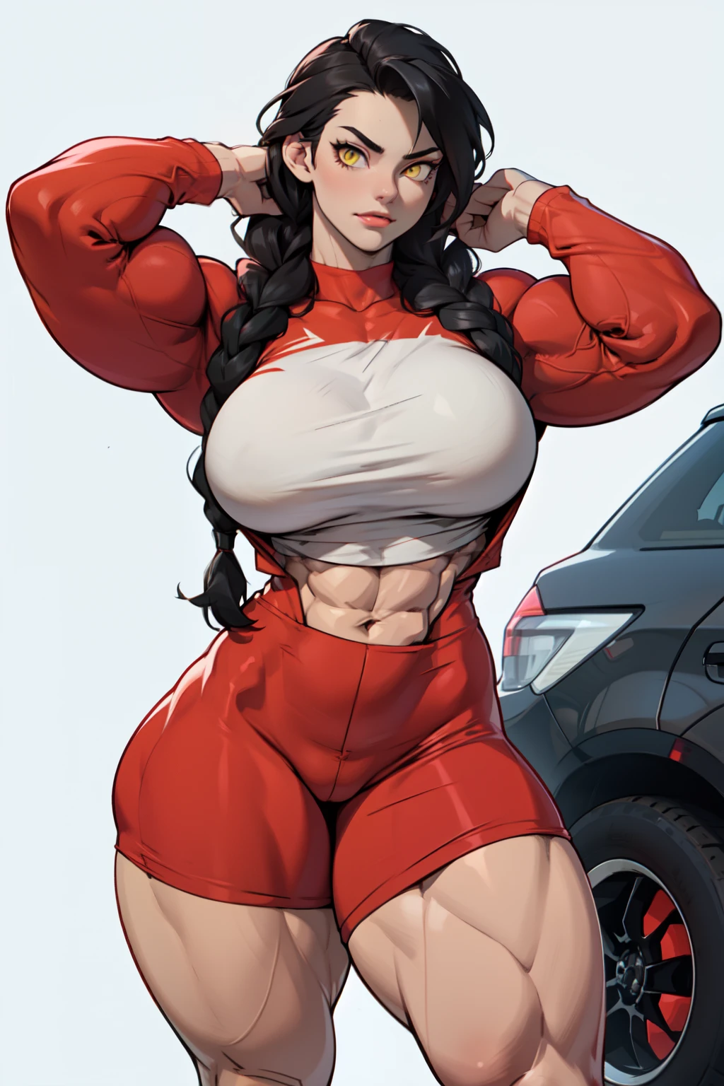 girl ((((muscular 1girl)))) ((((thick thighs toned body)))) (pale skin) black hair yellow eyes very long hair long sleeve tight t-shirt tight pants (french braid) massive breasts