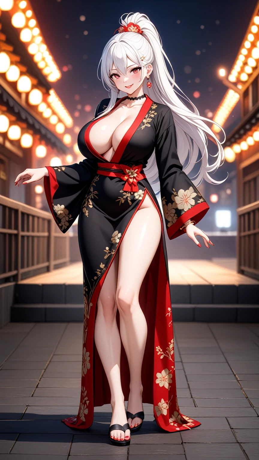 ((One personの女性)), Beautiful Face, (Laughing embarrassedly), (seductive smile:1.2),Doing y poses, ((Wink:1.9)), (head tilt:1.3), Laugh with your mouth wide open, upper teeth, looking down at viewer, ((Bright red cheeks:1.4)),Glossy Red Lips,rooftop, firework, Glossy red lips, Shining Face, ((Anime style background)),masterpiece, Highest quality, so beautiful,up to date, Complex details, (Pink long nails),(ring),(bracelet),(Floral choker),(black high heel sandals)), AI-generated, Complex,High resolution, Highest quality, super high quality,3D Images、3D Images,One person,Long white hair,High Ponytail, Anime woman posing for a photo,(blue eyes), ((Fine grain、Silvery white, lightly pigmented eyes、Shining Eyes:1.1)), (Squint your eyes:1.1),a hyperRealistic , hyperRealistic , Realistic,Anime woman with long white hair, Smooth anime CG art, A woman in a colorful kimono with gold embroidery, (Black long sleeve kimono),Red floral pattern,Long flower hair ornament,Earrings,Matdy,(Big Breasl,Abdominal muscles,Tight waist,(full body:1.4), (front view),