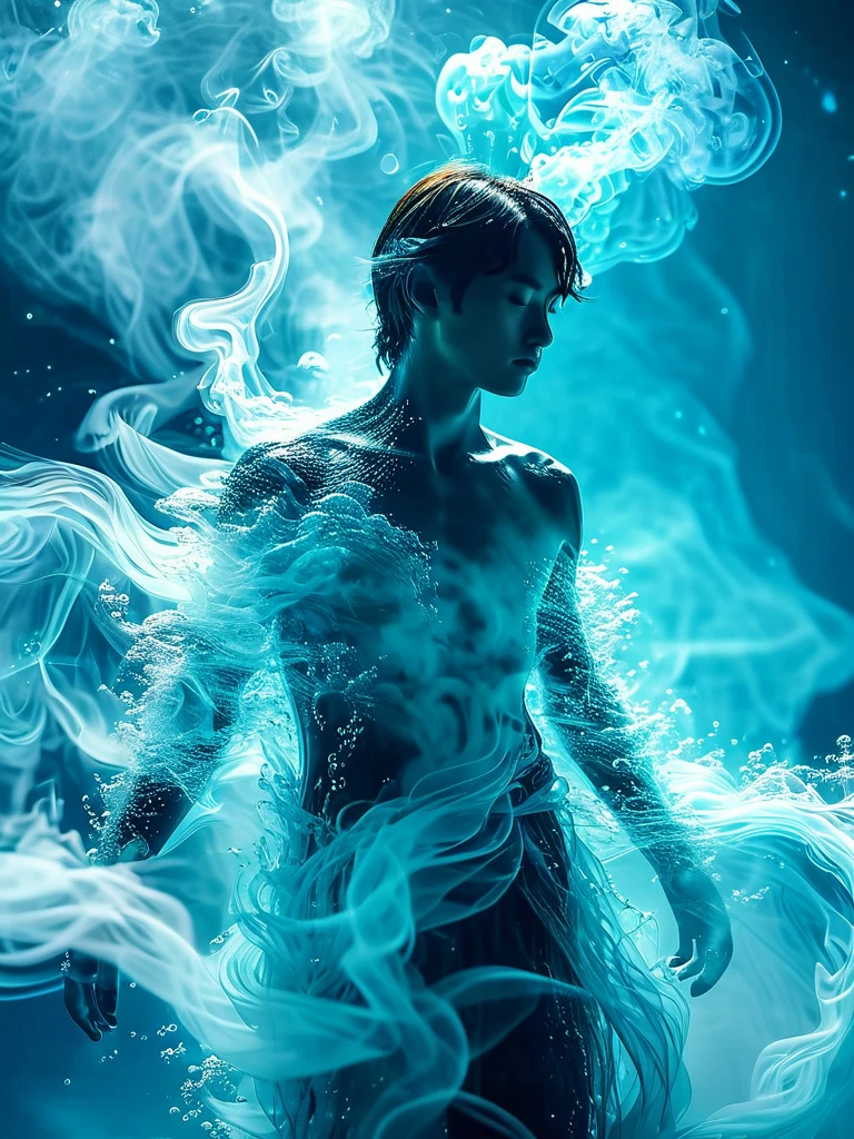 One made of water、A person with an ethereal aura, illuminator, And formed a smoke effect in the cyan background color scheme. The photography style is high definition,His figure is surrounded by glowing light particles and flowing energy lines, Blurred details. The overall atmosphere is mysterious and magical, n Ethereal style
