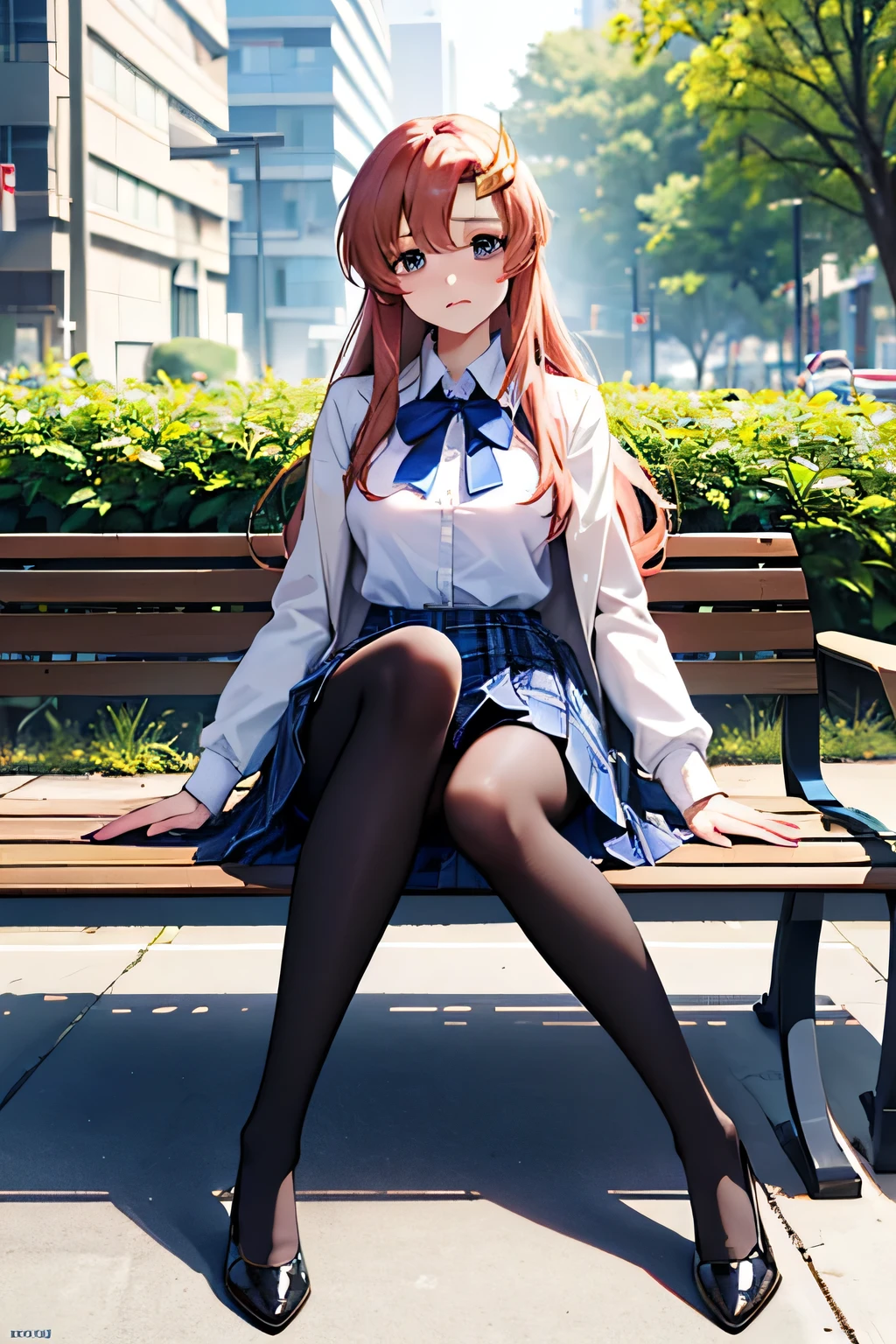 finest, masterpiece, high definition, (full body), front-facing, symmetrical, mature high school girl, solo, (full body from head to toe), small breasts, long hair, slightly messy hair, (black tights), ( (black pantyhose), black pantyhose, (composition where she is made to sit and lift her legs and make her legs open), looking at camera, high blazer, high White blouse, high with blue ribbon, high with short plaid pattern and navy pleated skirt, Lacus Clyne、sitting on a park bench