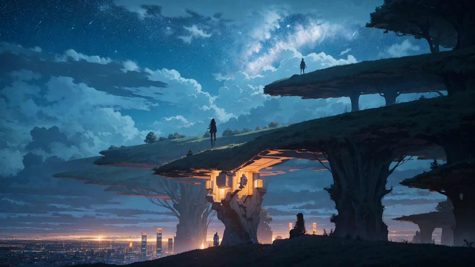 octane, Sky, Star (Sky), landscape, Starry Sky, night, 1 Girl, night Sky, Solitary, outdoor, architecture, cloud, Milky Way, sit, Tree, Long hair, City, contour, Cityscape