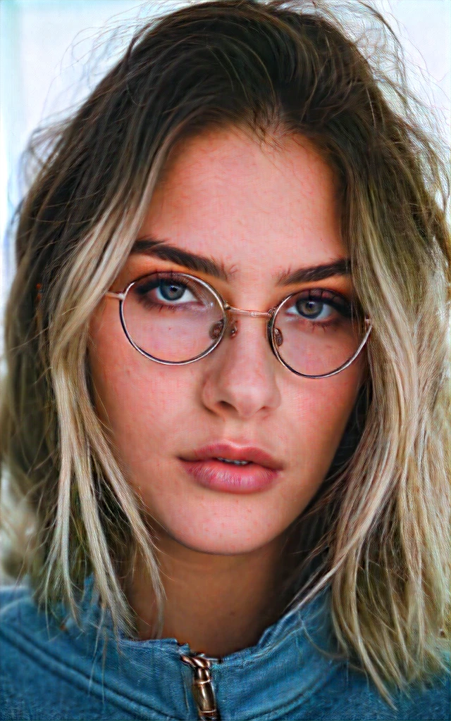 a beautiful 20-year-old woman, PLATINUM BLONDE, close-up, girl next door, baggy clothes, makeup, lips, glasses, night, messy hair, film grain, retro, Porta 160 color, shot on ARRI ALEXA 65, sharp focus on subject, Fujifilm XT-3