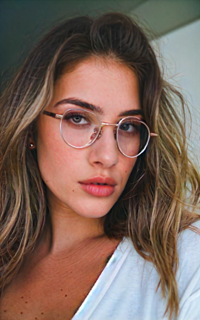 a beautiful 20-year-old woman, PLATINUM BLONDE, close-up, girl next door, baggy clothes, makeup, lips, glasses, night, messy hair, film grain, retro, Porta 160 color, shot on ARRI ALEXA 65, sharp focus on subject, Fujifilm XT-3