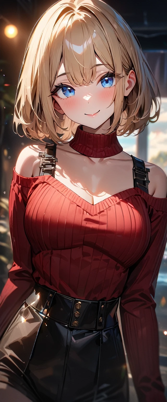 (((One girl))), ((beach)), noon, blond hair, bob cut, breasts, from front, (cowboy shot), standard body, (looking at viewer), ((off-shoulder {black} knit sweater, Quite thick shoulder straps, sleeves past wrists, juliet_sleeves)), ribbed sweater, ager, head tilt:1.3, (((blue eye))), ((happy smile)), anime style, (best quality, 4k, 8k, highres, masterpiece:1.2, ultra-detailed, ultra-detailed eyes, HDR, UHD, studio lighting, ultra-fine painting, sharp focus, physically-based rendering, extreme detail description, professional, vivid colors, bokeh), ((Highest quality, Best image quality, Ultra-high resolution, Ultra-high resolution, solo, Strong eye highlights)), Depth of written boundary, Natural soft light, attractive, Beautiful Face, Cleanliness, Pure Face, nedium chest, Beautiful Face, Perfect Fingers, Perfect hands, Perfect body, Perfect Face, Shine a light into your eyes, Perfect Anatomy