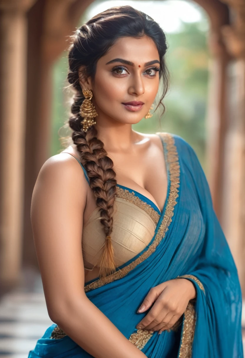 close up photo of gorgerous sexy hot woman, swooping breasts, deep cleavage, look at camera, blue saree, French braid hair, 8K, UHD