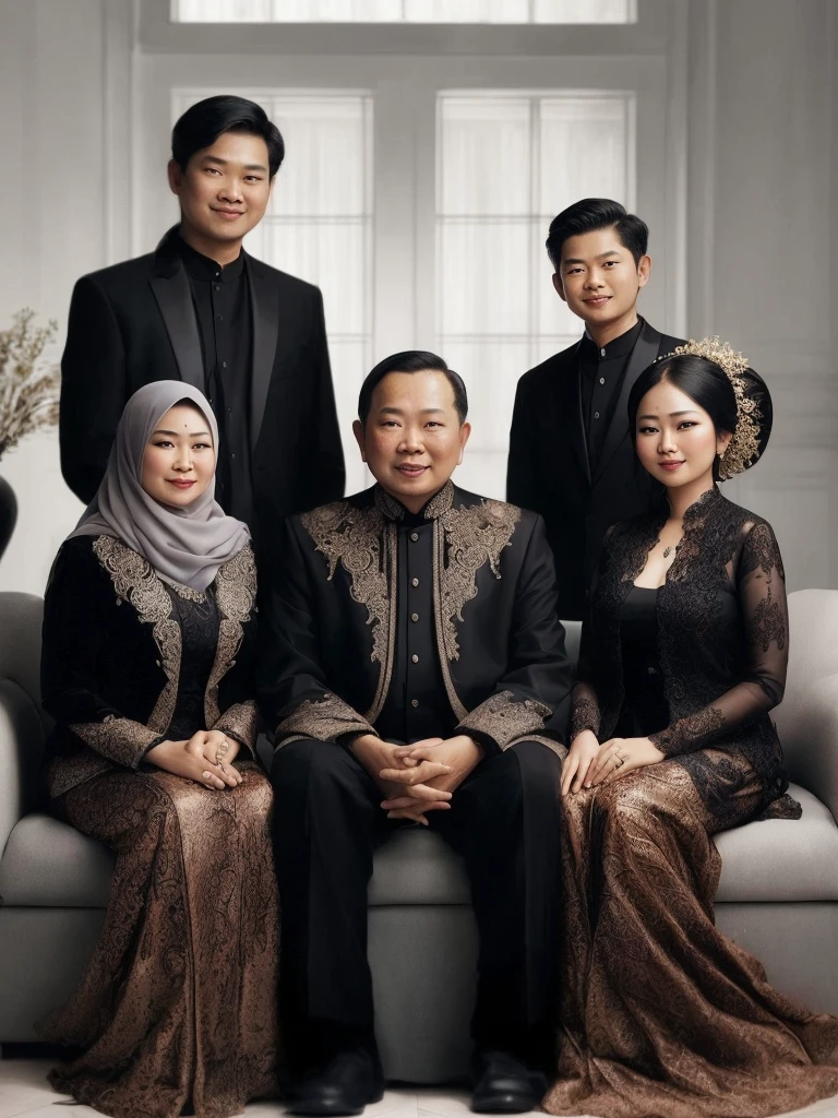 arafed family posing for a picture in formal attire, an indonesian family portrait, barong family, family portrait, full protrait, by Basuki Abdullah, barong family member, happy family, inspired by Basuki Abdullah, potrait, formal attire, portrait shot, protrait, mourning family, in majestic, taken in 2 0 2 0, classic portrait