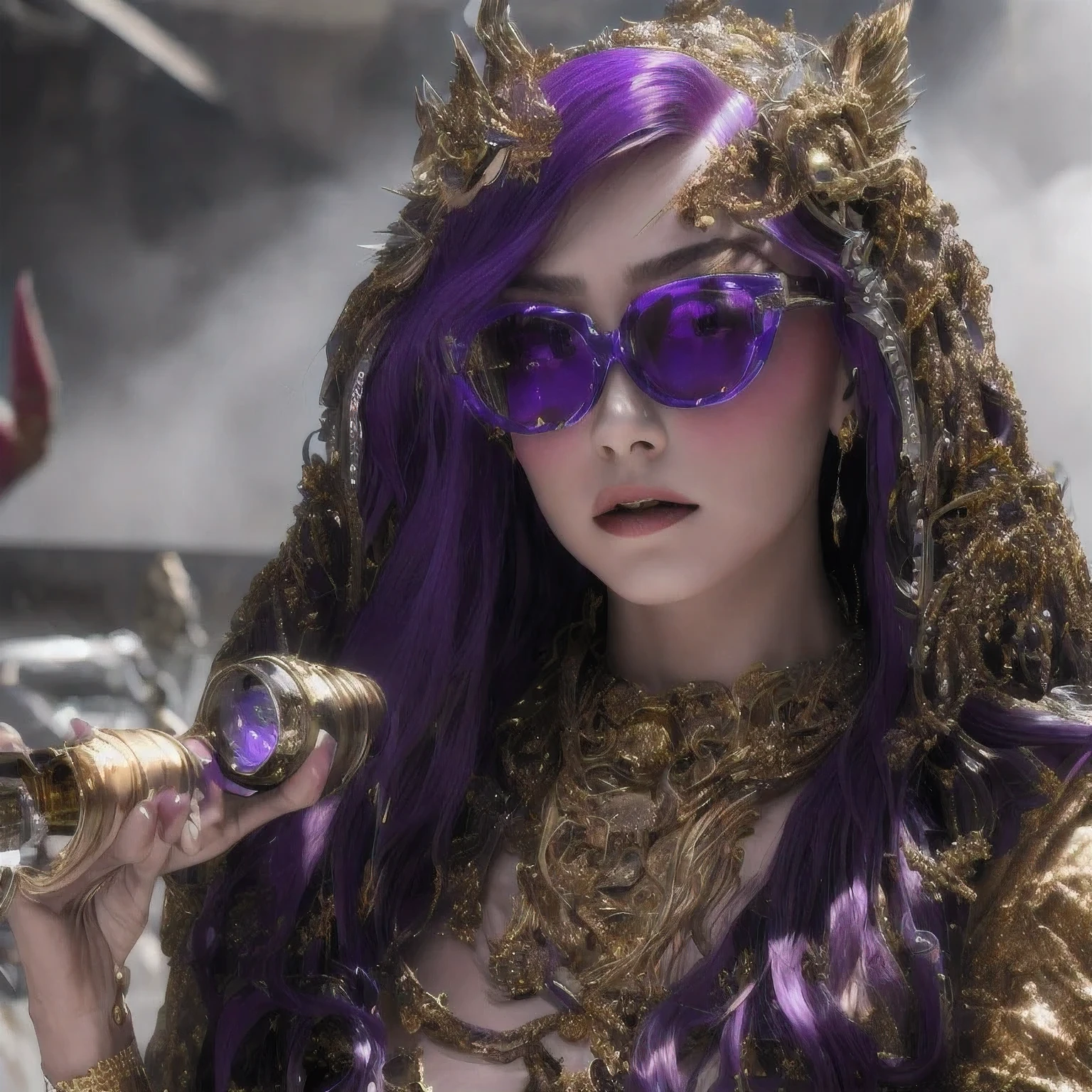 Purple Powder Queen,  wear glasses