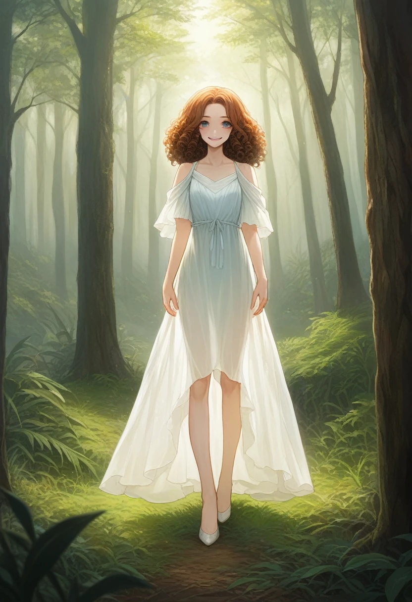 (RAW photos:1.2), (Reality:1.4),(masterpiece:1.3),(best quality:1.4),Ultra-high resolution,Human Development Report,8K, (Extremely detailed illustrations), 1 girl, Detailed beautiful face, Young Girls, black, In the forest,Complex background, Long curly hair,black色头发, Dress dress, Long legs, Smile,Solitary, Look at the audience,Clear background, Depth of Field, Natural Lighting,(see through silhouette),ulzzang-6500-v1.1:0.7