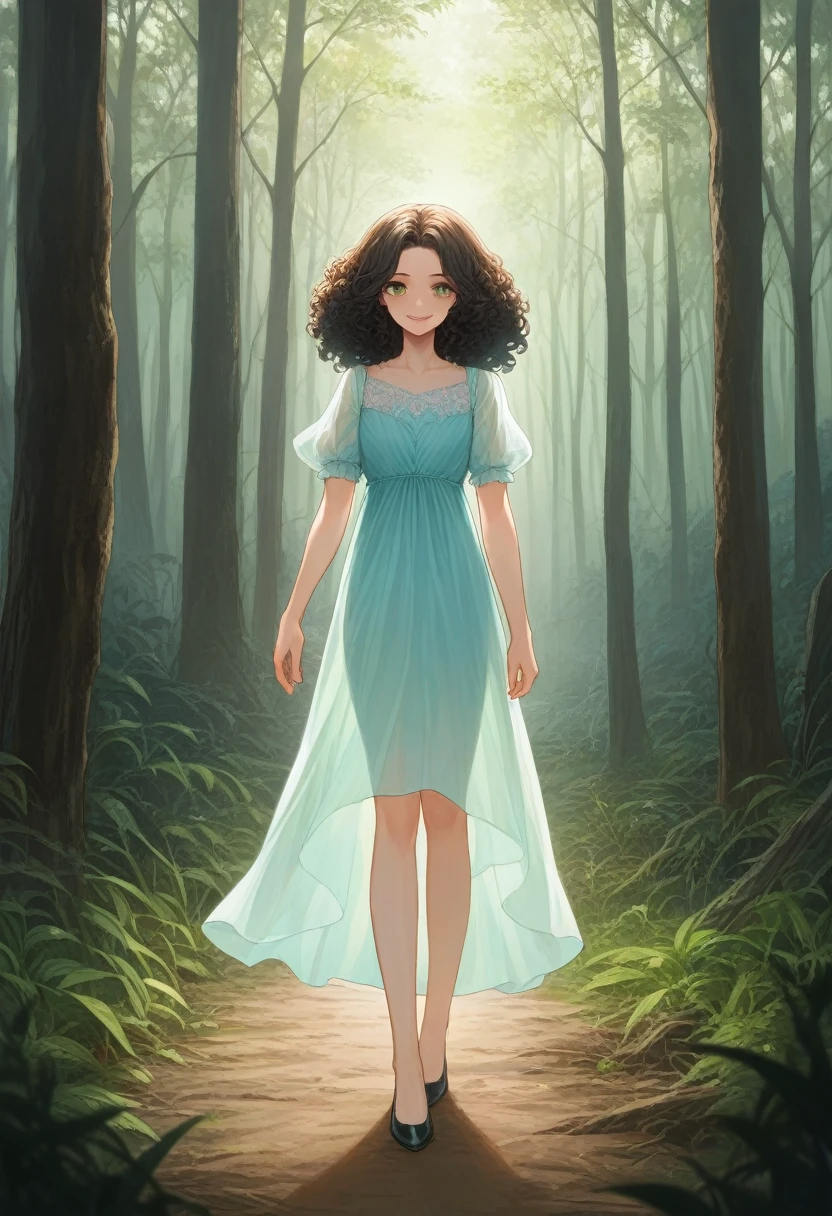 (RAW photos:1.2), (Reality:1.4),(masterpiece:1.3),(best quality:1.4),Ultra-high resolution,Human Development Report,8K, (Extremely detailed illustrations), 1 girl, Detailed beautiful face, Young Girls, black, In the forest,Complex background, Long curly hair,black色头发, Dress dress, Long legs, Smile,Solitary, Look at the audience,Clear background, Depth of Field, Natural Lighting,(see through silhouette),ulzzang-6500-v1.1:0.7