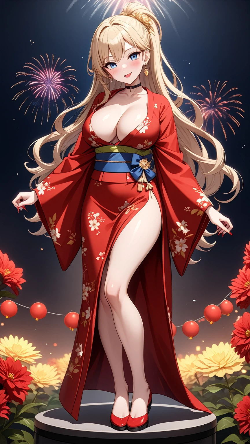 ((One personの女性)), Beautiful Face, White skin, (seductive smile:1.4), (naughty face:1.2), ((Wink:1.9)), ((head tilt:1.6)), Laughing with your mouth open, upper teeth, ((full-face blush:1.5)), looking at viewer, Glossy Red Lips, (Shining Face), ((anime colored)), ((Anime style background)) , night, Observatory, Festival decorations, firework, ,masterpiece, Highest quality, so beautiful,up to date, Complex details, (Pink long nails),(ring),(bracelet),(choker),AI-generated, Complex,High resolution, Highest quality, super high quality,3D Images、3D Images, (full body:1.3), One person,Long blonde hair,ponytail, wavy hair ,写真のポーズをとるAnime Women, ((Fine grain、Eyes with little blue pigment、Shining Eyes:1.1)), (Squint your eyes:1.1),a hyperRealistic , hyperRealistic , Realistic,Anime Women, Smooth anime CG art, ((A woman in a gorgeous kimono embroidered with gold)), ((Red long sleeve kimono:1.3)),((white floral pattern:1.3)), Long flower hair ornament,Earrings,Mature Body,(Big Breasts:1.1),Tall,Abdominal muscles,Tight waist,(full body:1.3), ((front view)),