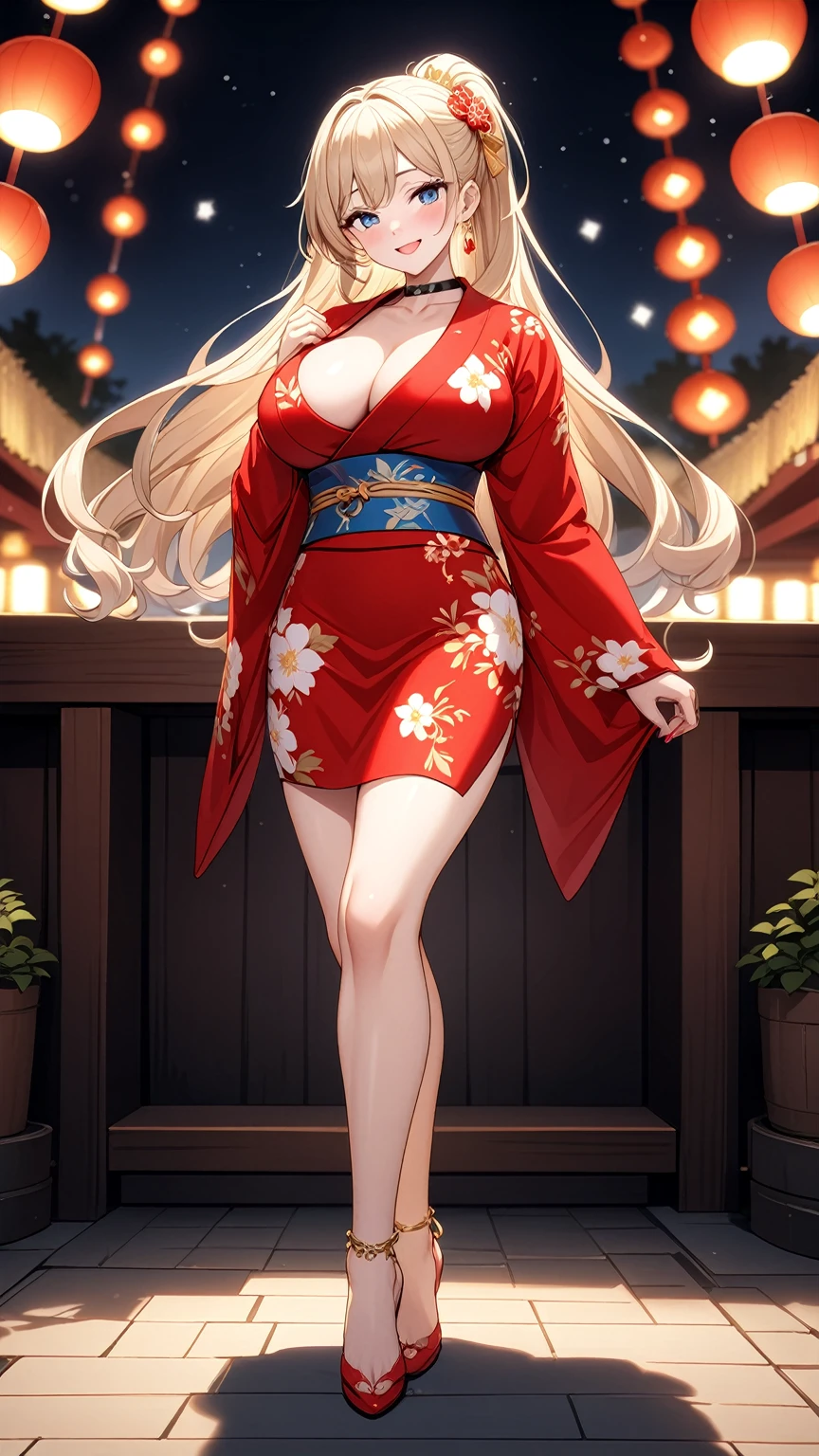 ((One personの女性)), Beautiful Face, White skin, (seductive smile:1.4), (naughty face:1.2), ((Wink:1.9)), ((head tilt:1.6)), Laughing with your mouth open, upper teeth, ((full-face blush:1.5)), looking at viewer, Glossy Red Lips, (Shining Face), ((anime colored)), ((Anime style background)) , night, Observatory, Festival decorations, firework, ,masterpiece, Highest quality, so beautiful,up to date, Complex details, (Pink long nails),(ring),(bracelet),(choker),AI-generated, Complex,High resolution, Highest quality, super high quality,3D Images、3D Images, (full body:1.3), One person,Long blonde hair,ponytail, wavy hair ,写真のポーズをとるAnime Women, ((Fine grain、Eyes with little blue pigment、Shining Eyes:1.1)), (Squint your eyes:1.1),a hyperRealistic , hyperRealistic , Realistic,Anime Women, Smooth anime CG art, ((A woman in a gorgeous kimono embroidered with gold)), ((Red long sleeve kimono:1.3)),((white floral pattern:1.3)), Long flower hair ornament,Earrings,Mature Body,(Big Breasts:1.1),Tall,Abdominal muscles,Tight waist,(full body:1.3), ((front view)),