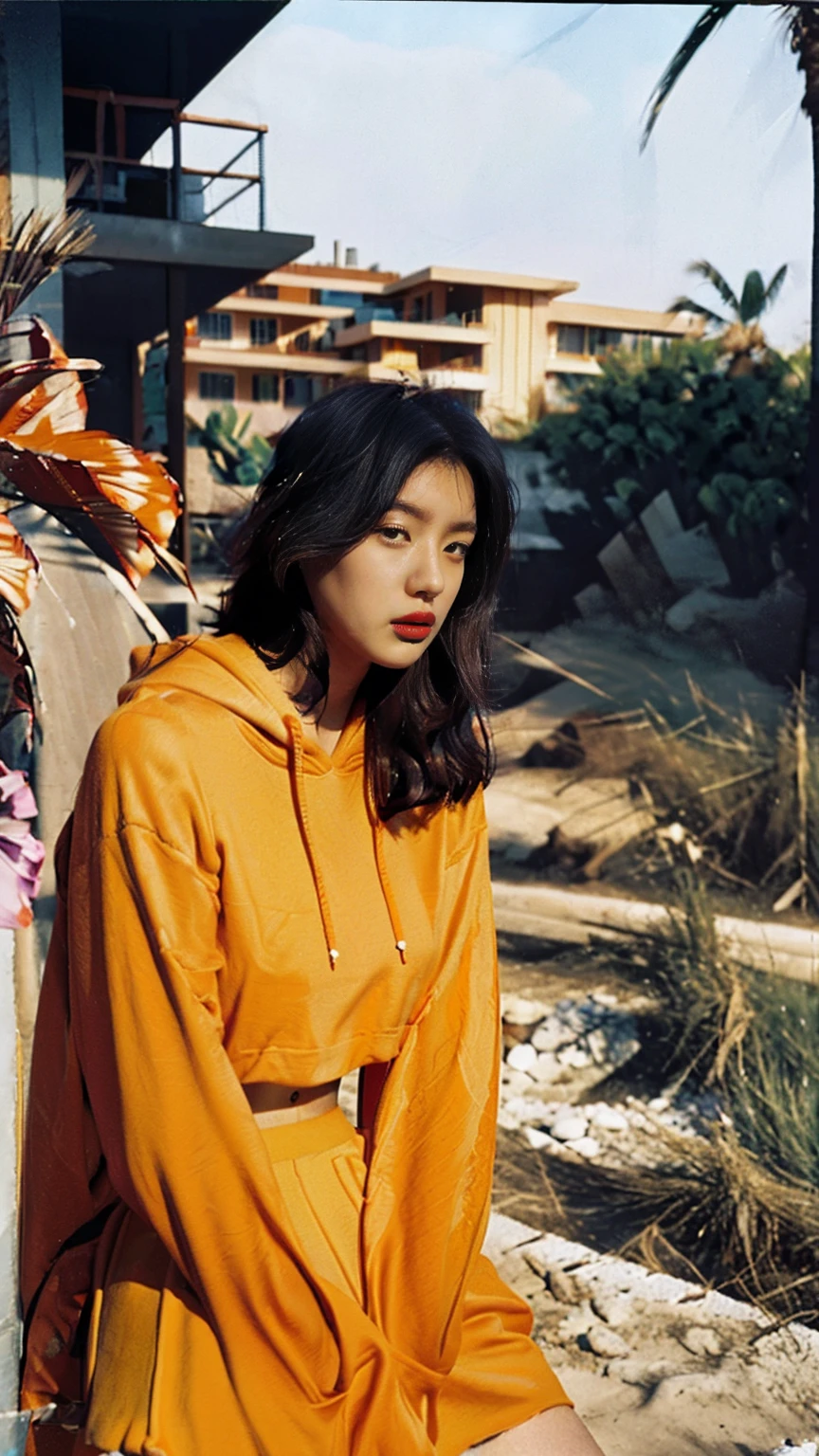 long shot portrait of cute 23 yo girl, (natural breast) ,wear ((orange color oversized hoodie)), wear ((purple tennis skirt)),looking front,Best Quality,Masterpiece,Ultra High Resolution,(Realisticity:1.4),Original Photo, 1Girl, light leak,ultra high resolution,UHD,beautiful, (black bob hair), almond eye, no makeup, in front of (80's mondrian architecture motel), (realistic:1.2), (surreal:1.3), (very detailed:1.1), ((masterpiece)),summer, blue sky, palm trees,sunny, los angles vibes,film camera, 800mm lens,style of Philip Lorca diCorcia