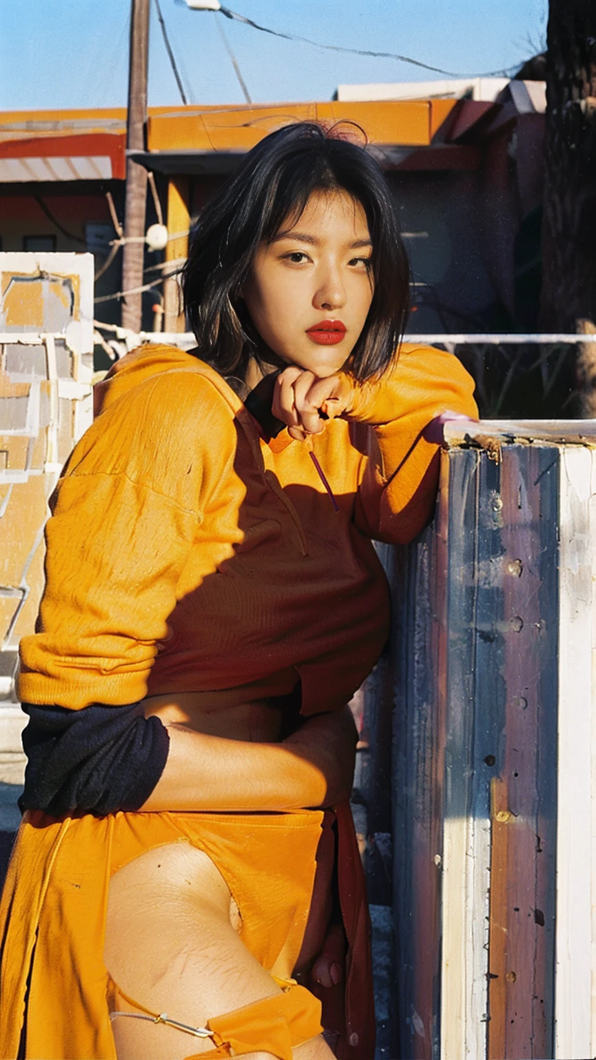 long shot portrait of cute 23 yo girl, (natural breast) ,wear ((orange color oversized hoodie)), wear ((purple tennis skirt)),looking front,Best Quality,Masterpiece,Ultra High Resolution,(Realisticity:1.4),Original Photo, 1Girl, light leak,ultra high resolution,UHD,beautiful, (black bob hair), almond eye, no makeup, in front of (80's mondrian architecture motel), (realistic:1.2), (surreal:1.3), (very detailed:1.1), ((masterpiece)),summer, blue sky, palm trees,sunny, los angles vibes,film camera, 800mm lens,style of Philip Lorca diCorcia