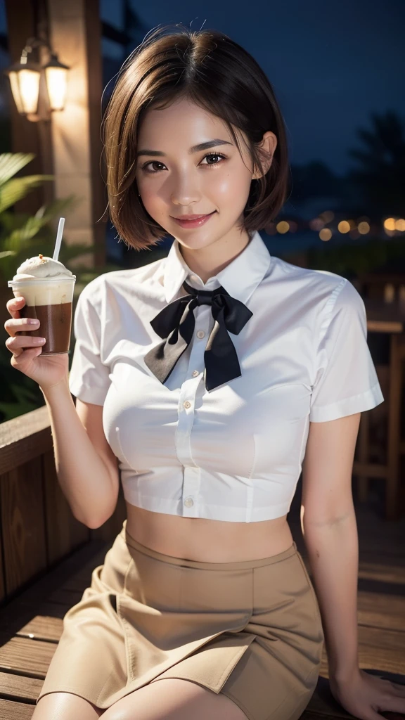 1 girl, (8k, RAW photo, best quality, masterpiece: 1.2), bra lift .Nipples .My clothes are very wet .underwear Wet(realistic, photo-realistic: 1.37), ultra-detailed, beautiful, solo, beautiful detailed sky, detailed coffee, night, sitting, (flushed nose), (smile: 1.1), medium breasts, beautiful detailed eyes, long brown hair, (collared shirt: 1.1), bow tie, pleated skirt, (short hair: 1.2), long hair, taking big ice cream,