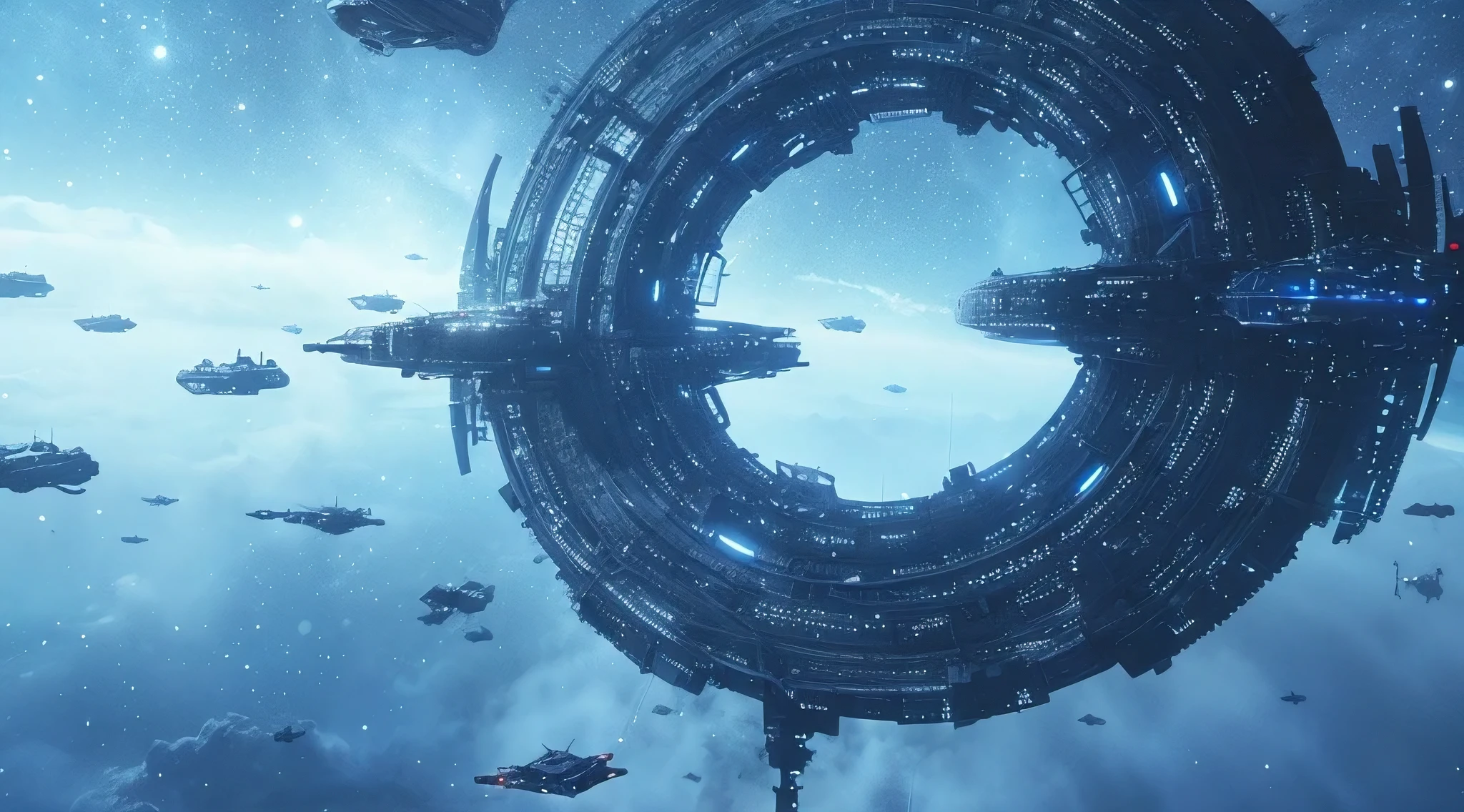 A circular space station with many small ships flying around it, in the style of Star Citizen, high resolution, starry blue sky background, in the style of Unreal Engine 5, spectacular scenery, science fiction and fantasy, aerial view, high saturation colors, flying in the universe, floating space platform.