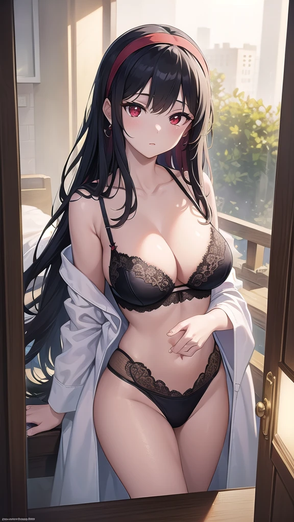 yorbriar, yor briar, black hair, (red eyes:1.5), earrings, gold hairband, hairband, long hair, sidelocks, (medium breasts:1.2), collarbone,bathrobe,wet bathrobe,transparent bathrobe, thighs,pantyhose, BREAK outdoors,room,night, soft lights, BREAK looking at viewer, BREAK (masterpiece:1.2), best quality, high resolution, unity 8k wallpaper, (illustration:0.8), (beautiful detailed eyes:1.6), extremely detailed face, perfect lighting, extremely detailed CG, (perfect hands, perfect anatomy),upper body shot, from above,lace bra,lace lingerie.