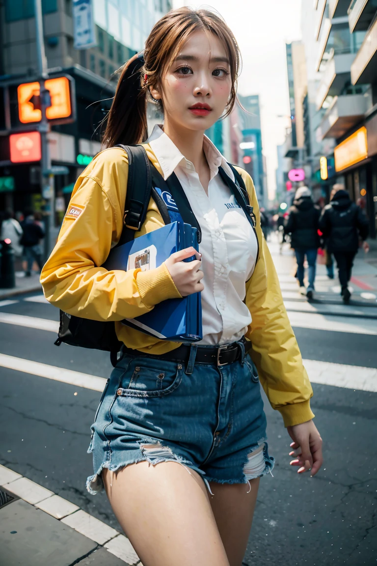 Female courier, tooling, on the way to deliver the courier, on the streets of the city, high detail, 4K, masterpiece.