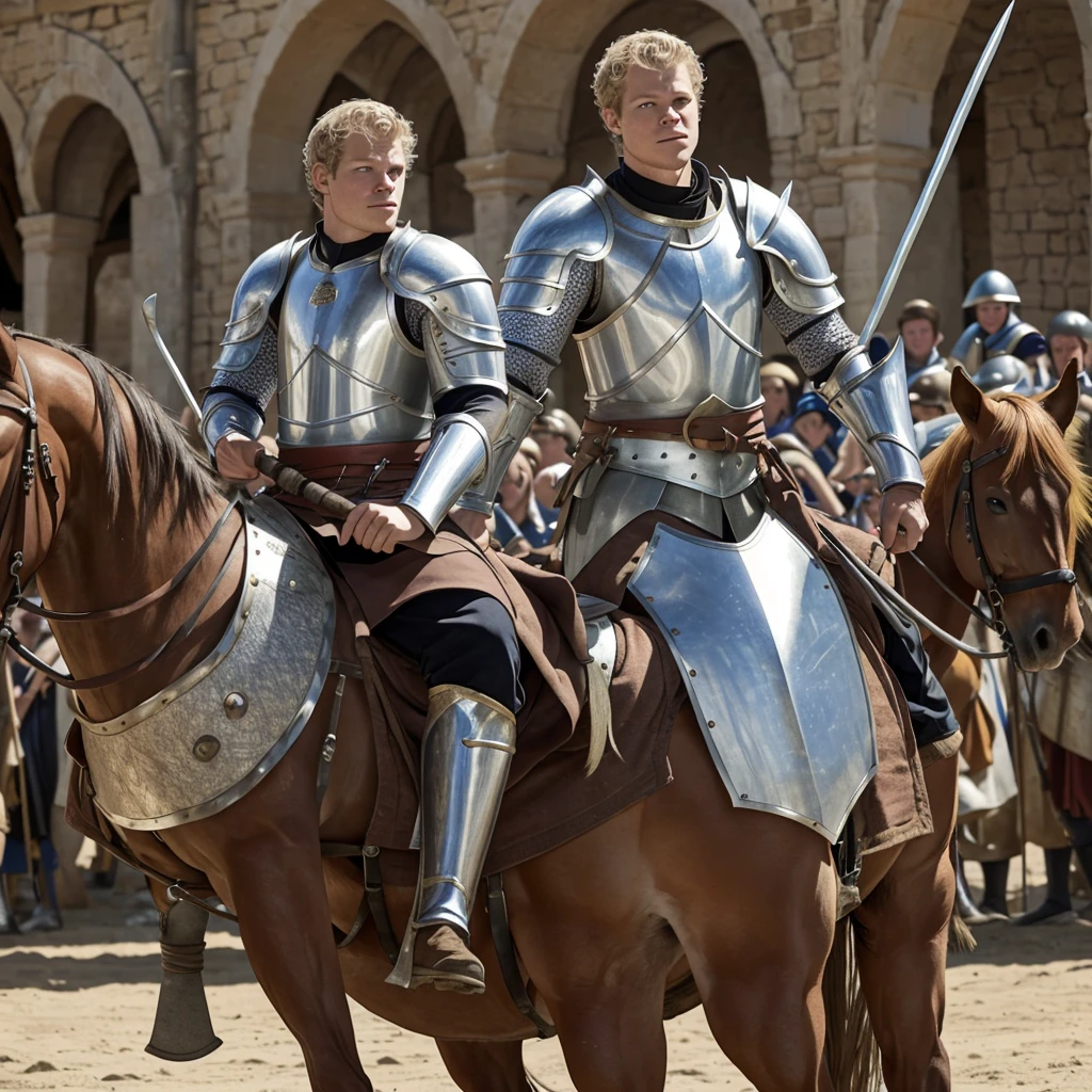Christopher Egan as a handsome medieval knight, 23 years old, in armor without a helmet. He holds a spear in his hand, sits on a horse. He is participating in a tournament, in the stands spectators in medieval clothes admire him