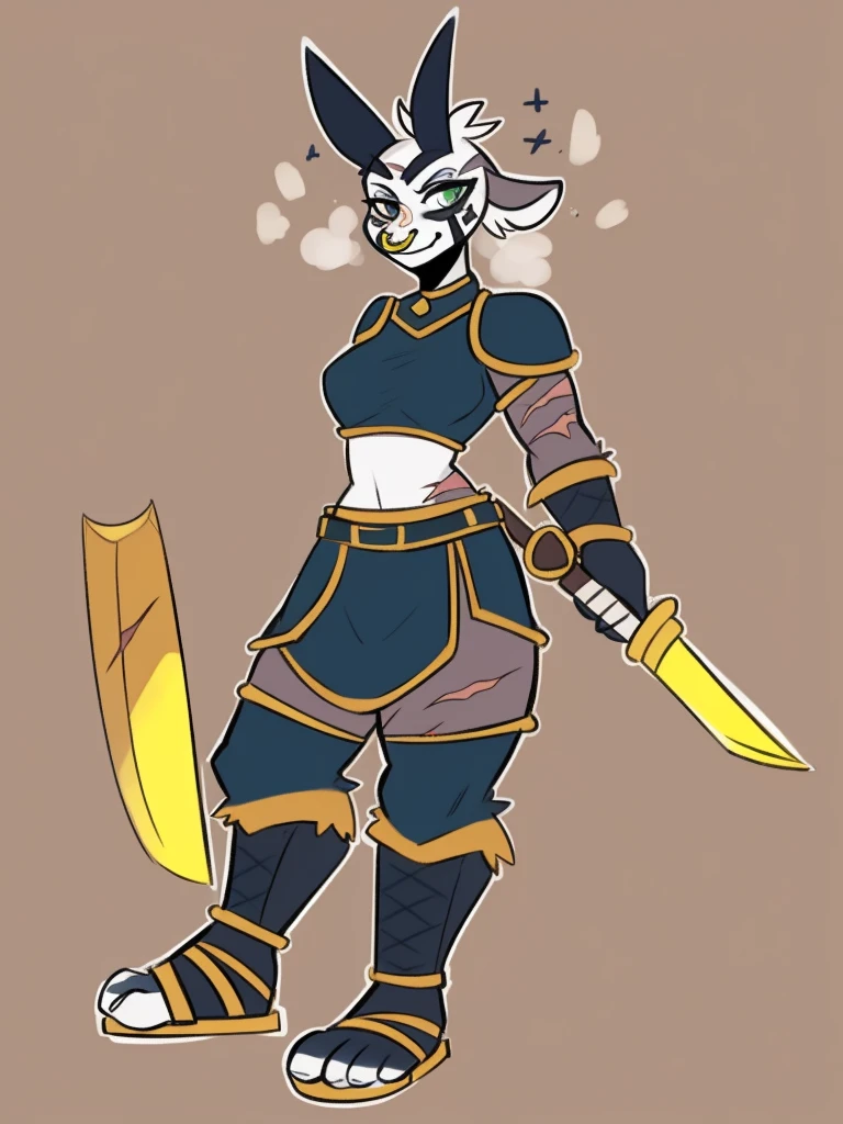 1girl, furry, furry_female, goat_ears, goat_girl, smile, solo, wearing armor, gladiator flat sandals, gladiator skirt, humanoid feet, holding sword, nose ring, septum piercing ring, facepaint, face paint, scars over body