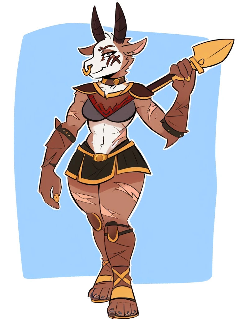 1girl, furry, furry_female, goat_ears, goat_girl, smile, solo, wearing armor, gladiator flat sandals, gladiator skirt, humanoid feet, holding sword, nose ring, septum piercing ring, facepaint, face paint, scars over body